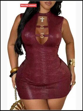 Plus Size Faux Leather Cut Out Mock Neck Bodycon Mini Dress